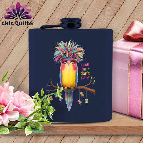 MyDesigns Physical Item 6oz / Navy Quilt Hair Don’t Care ~ Curlene Spoolworth ~ Quilter's Flask