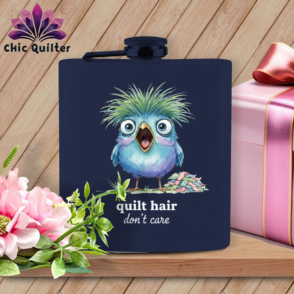 MyDesigns Physical Item 6oz / Navy Quilt Hair Don’t Care ~ Frizzle Mae ~ Quilter's Flask
