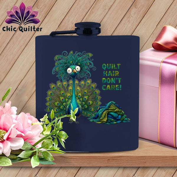 MyDesigns Physical Item 6oz / Navy Quilt Hair Don’t Care ~ Lady Plumeadora ~ Quilter's Flask