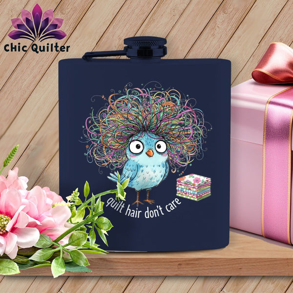 MyDesigns Physical Item 6oz / Navy Quilt Hair Don’t Care ~ Puffin Bea ~ Quilter's Flask