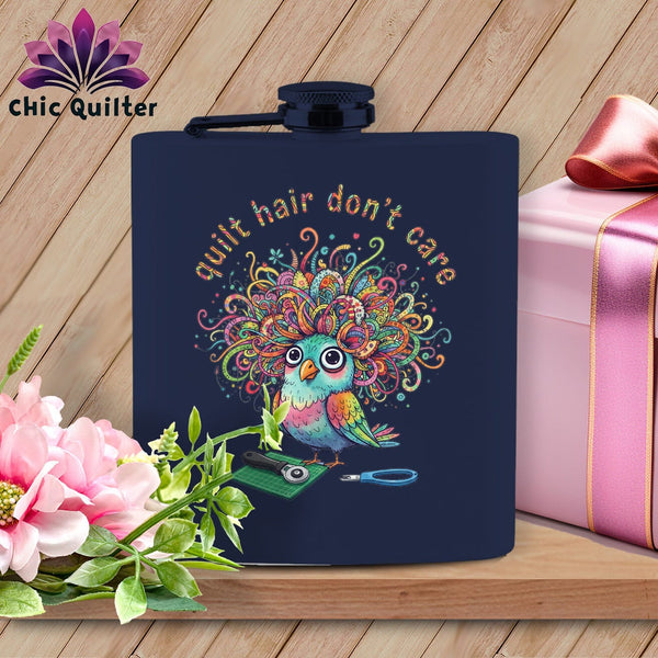 MyDesigns Physical Item 6oz / Navy Quilt Hair Don’t Care ~ Snipsy Wren ~ Quilter's Flask