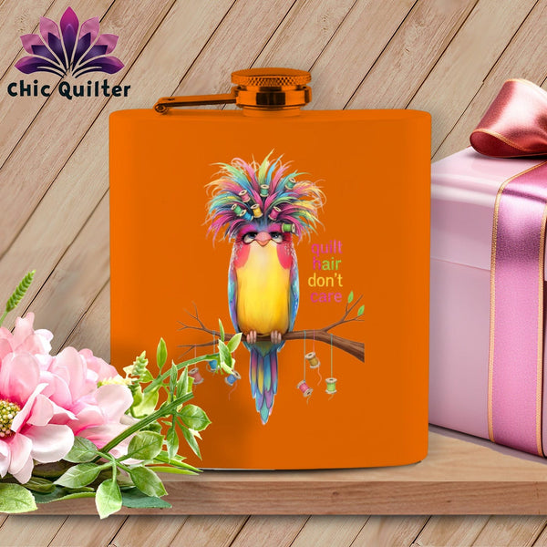 MyDesigns Physical Item 6oz / Orange Quilt Hair Don’t Care ~ Curlene Spoolworth ~ Quilter's Flask