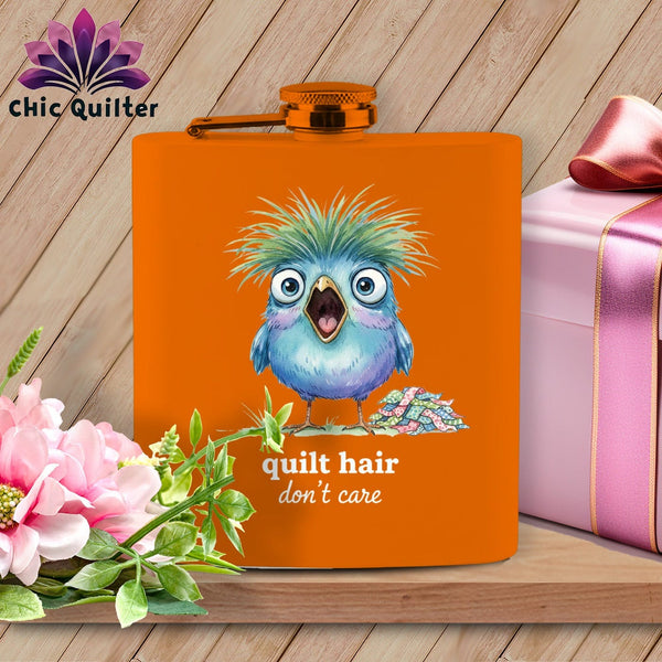 MyDesigns Physical Item 6oz / Orange Quilt Hair Don’t Care ~ Frizzle Mae ~ Quilter's Flask