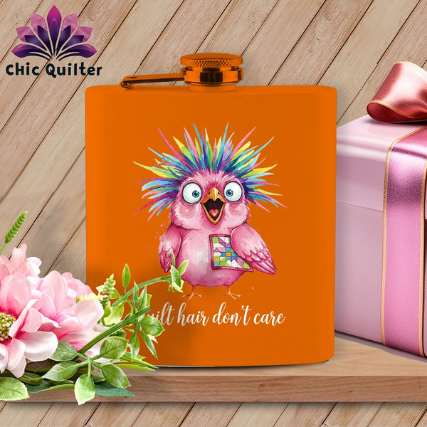 MyDesigns Physical Item 6oz / Orange Quilt Hair Don’t Care ~ Peaches Plume ~ Quilter's Flask