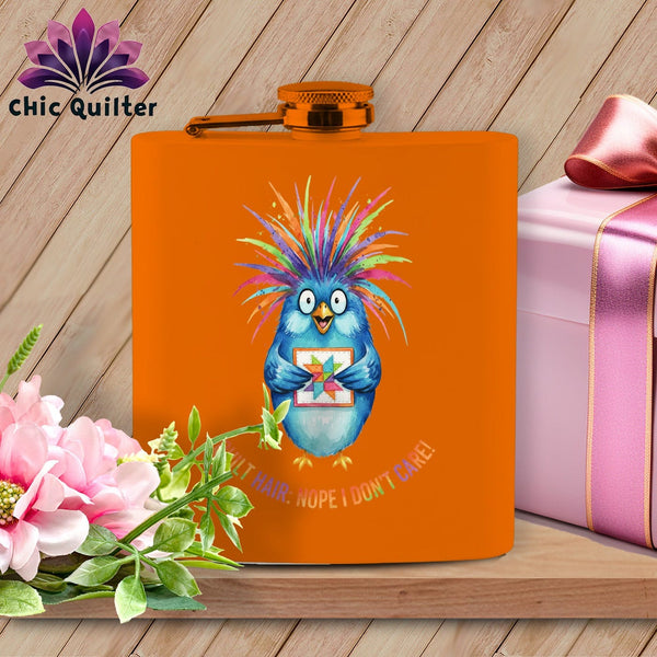 MyDesigns Physical Item 6oz / Orange Quilt Hair Don’t Care ~ Ruckus Jay ~ Quilter's Flask
