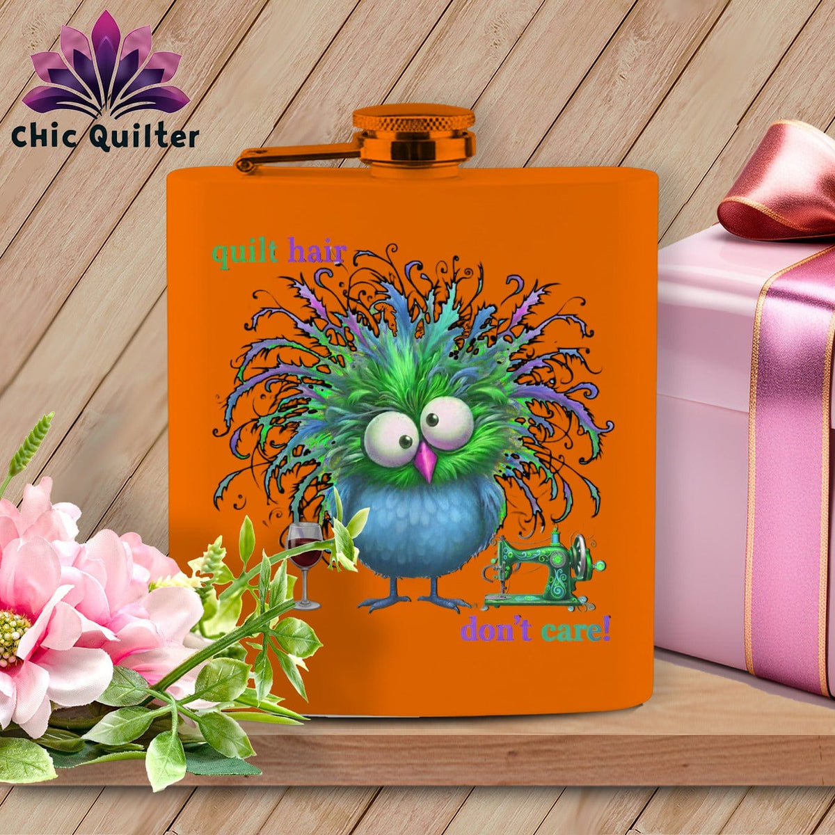 MyDesigns Physical Item 6oz / Orange Quilt Hair Don’t Care ~ Velma Nightwing ~ Quilter's Flask