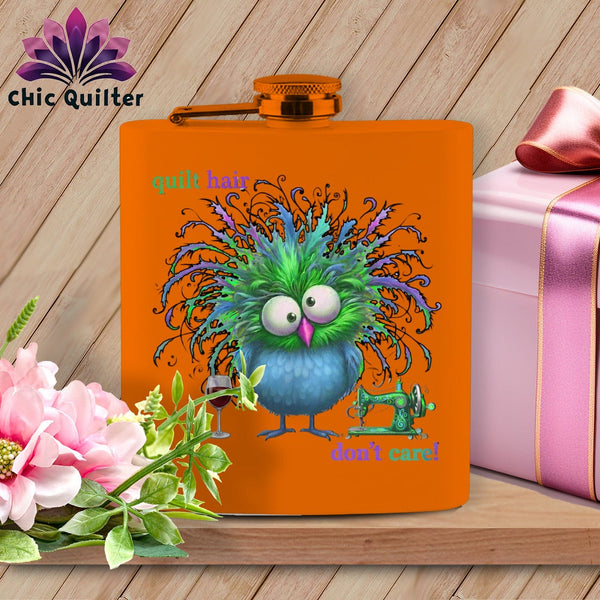 MyDesigns Physical Item 6oz / Orange Quilt Hair Don’t Care ~ Velma Nightwing ~ Quilter's Flask