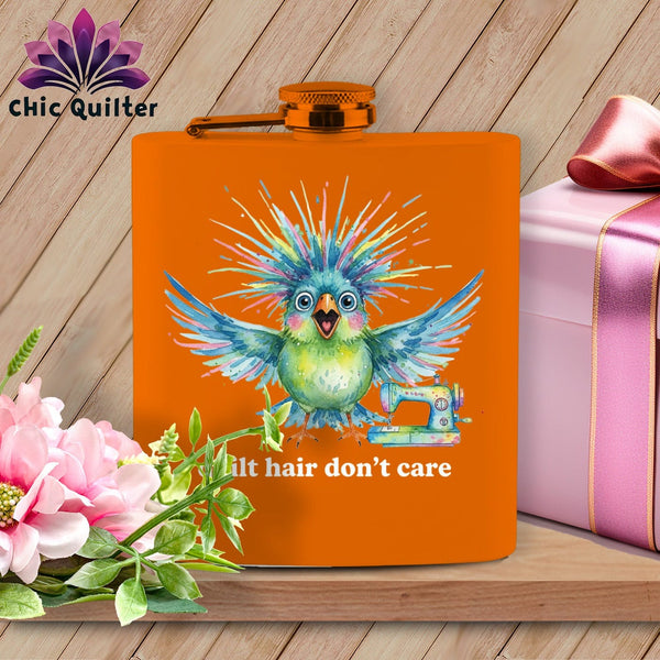 MyDesigns Physical Item 6oz / Orange Quilt Hair Don’t Care ~ Ziggy Bobbin ~ Quilter's Flask