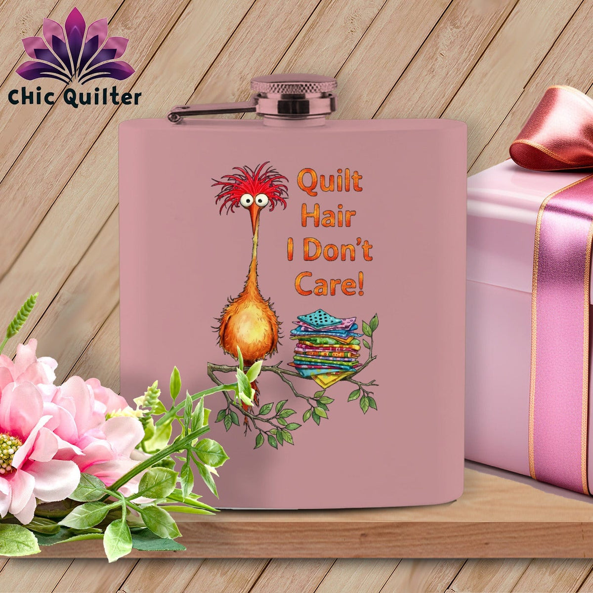 MyDesigns Physical Item 6oz / Pink QQuilt Hair Don’t Care ~ Noodle Beakman ~ Quilter's Flask
