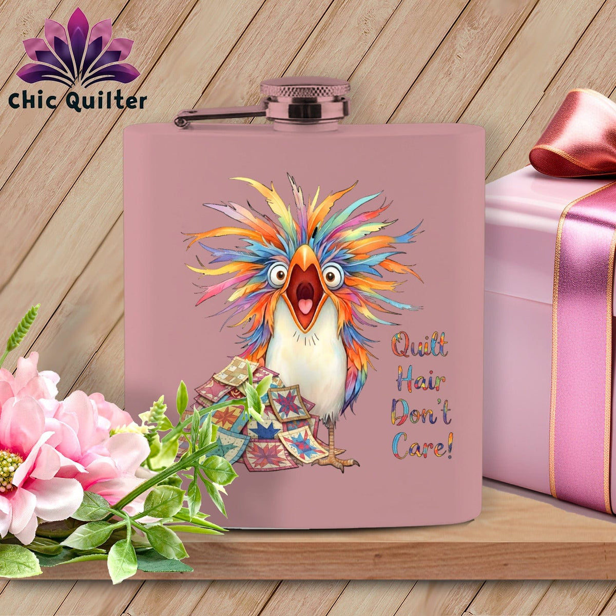 MyDesigns Physical Item 6oz / Pink Quilt Hair Don’t Care ~ Chaos Finch ~ Quilter's Flask