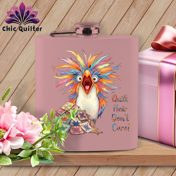 MyDesigns Physical Item 6oz / Pink Quilt Hair Don’t Care ~ Chaos Finch ~ Quilter's Flask