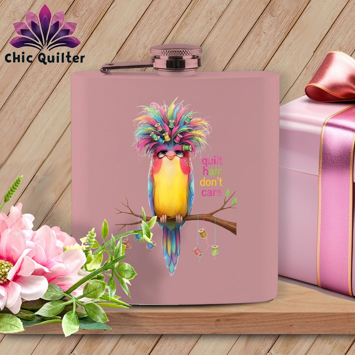 MyDesigns Physical Item 6oz / Pink Quilt Hair Don’t Care ~ Curlene Spoolworth ~ Quilter's Flask