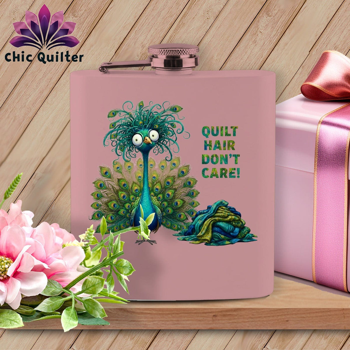 MyDesigns Physical Item 6oz / Pink Quilt Hair Don’t Care ~ Lady Plumeadora ~ Quilter's Flask