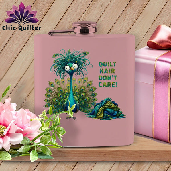 MyDesigns Physical Item 6oz / Pink Quilt Hair Don’t Care ~ Lady Plumeadora ~ Quilter's Flask
