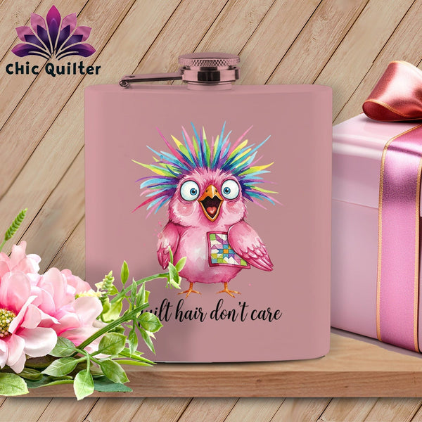 MyDesigns Physical Item 6oz / Pink Quilt Hair Don’t Care ~ Peaches Plume ~ Quilter's Flask