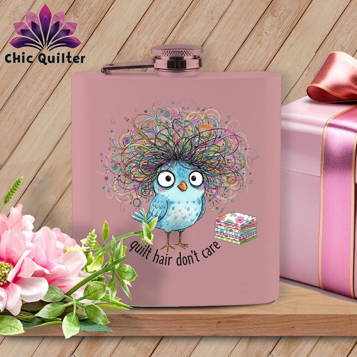MyDesigns Physical Item 6oz / Pink Quilt Hair Don’t Care ~ Puffin Bea ~ Quilter's Flask