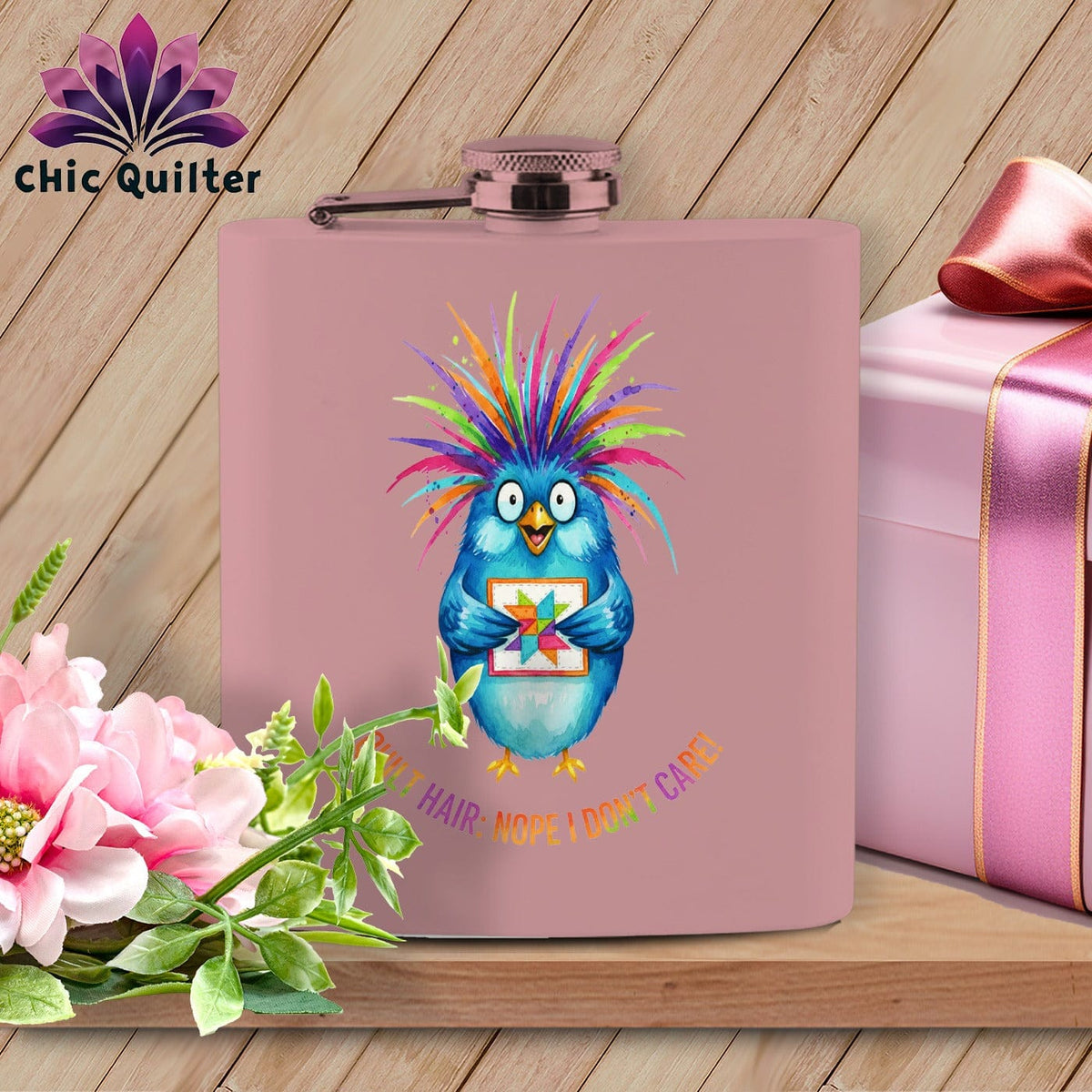 MyDesigns Physical Item 6oz / Pink Quilt Hair Don’t Care ~ Ruckus Jay ~ Quilter's Flask