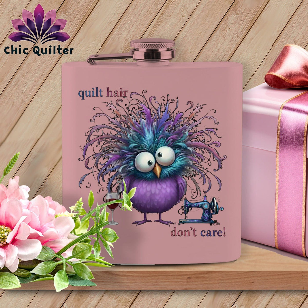 MyDesigns Physical Item 6oz / Pink Quilt Hair Don’t Care ~ Velma Nightwing ~ Quilter's Flask