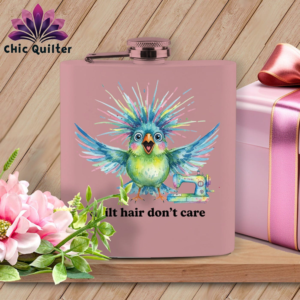 MyDesigns Physical Item 6oz / Pink Quilt Hair Don’t Care ~ Ziggy Bobbin ~ Quilter's Flask