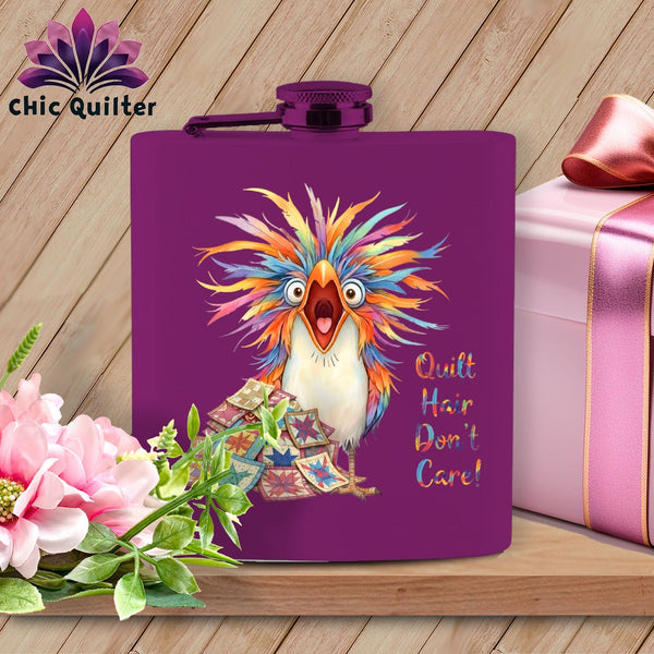 MyDesigns Physical Item 6oz / Purple Quilt Hair Don’t Care ~ Chaos Finch ~ Quilter's Flask