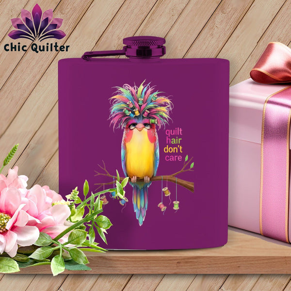 MyDesigns Physical Item 6oz / Purple Quilt Hair Don’t Care ~ Curlene Spoolworth ~ Quilter's Flask