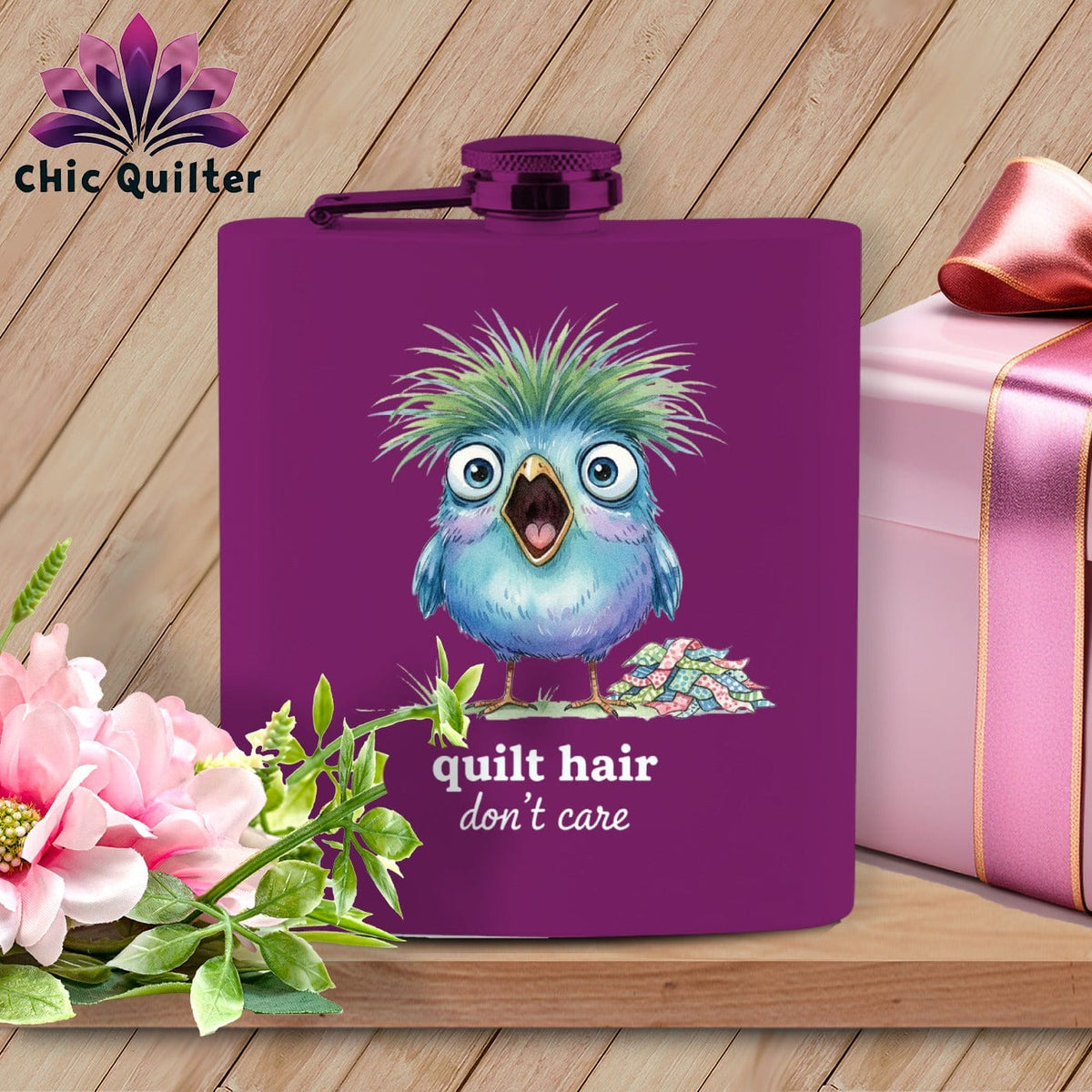 MyDesigns Physical Item 6oz / Purple Quilt Hair Don’t Care ~ Frizzle Mae ~ Quilter's Flask