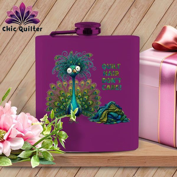 MyDesigns Physical Item 6oz / Purple Quilt Hair Don’t Care ~ Lady Plumeadora ~ Quilter's Flask
