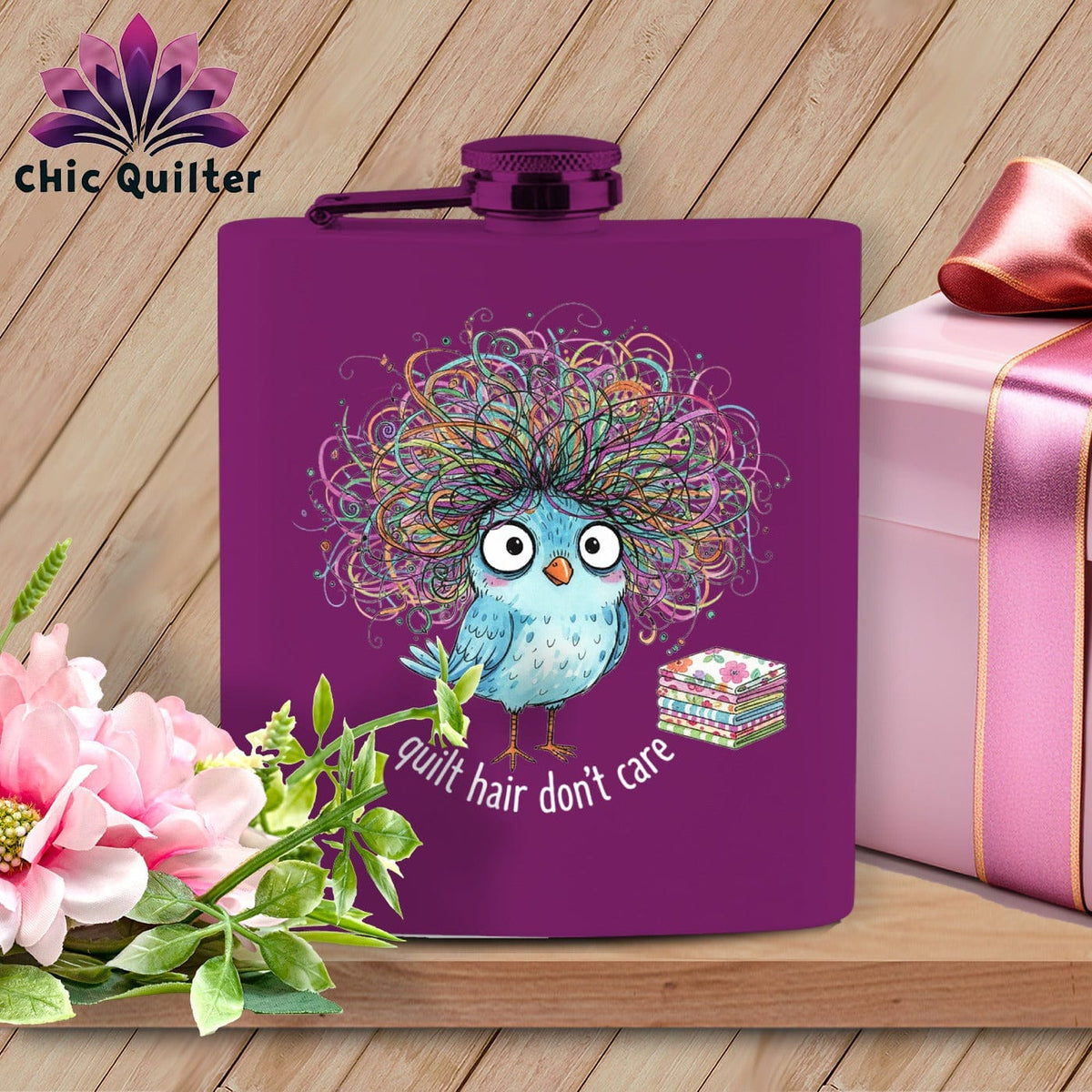 MyDesigns Physical Item 6oz / Purple Quilt Hair Don’t Care ~ Puffin Bea ~ Quilter's Flask