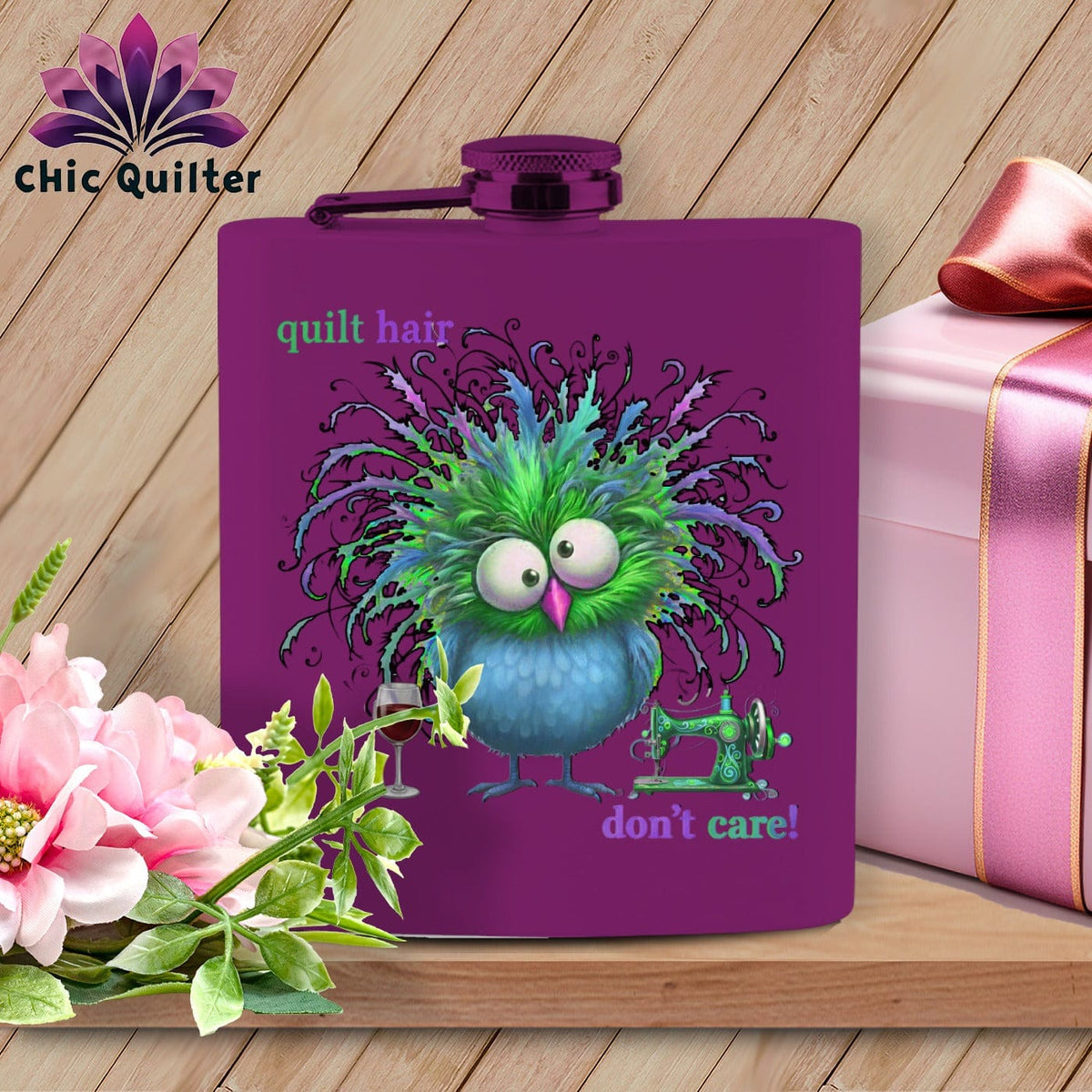 MyDesigns Physical Item 6oz / Purple Quilt Hair Don’t Care ~ Velma Nightwing ~ Quilter's Flask