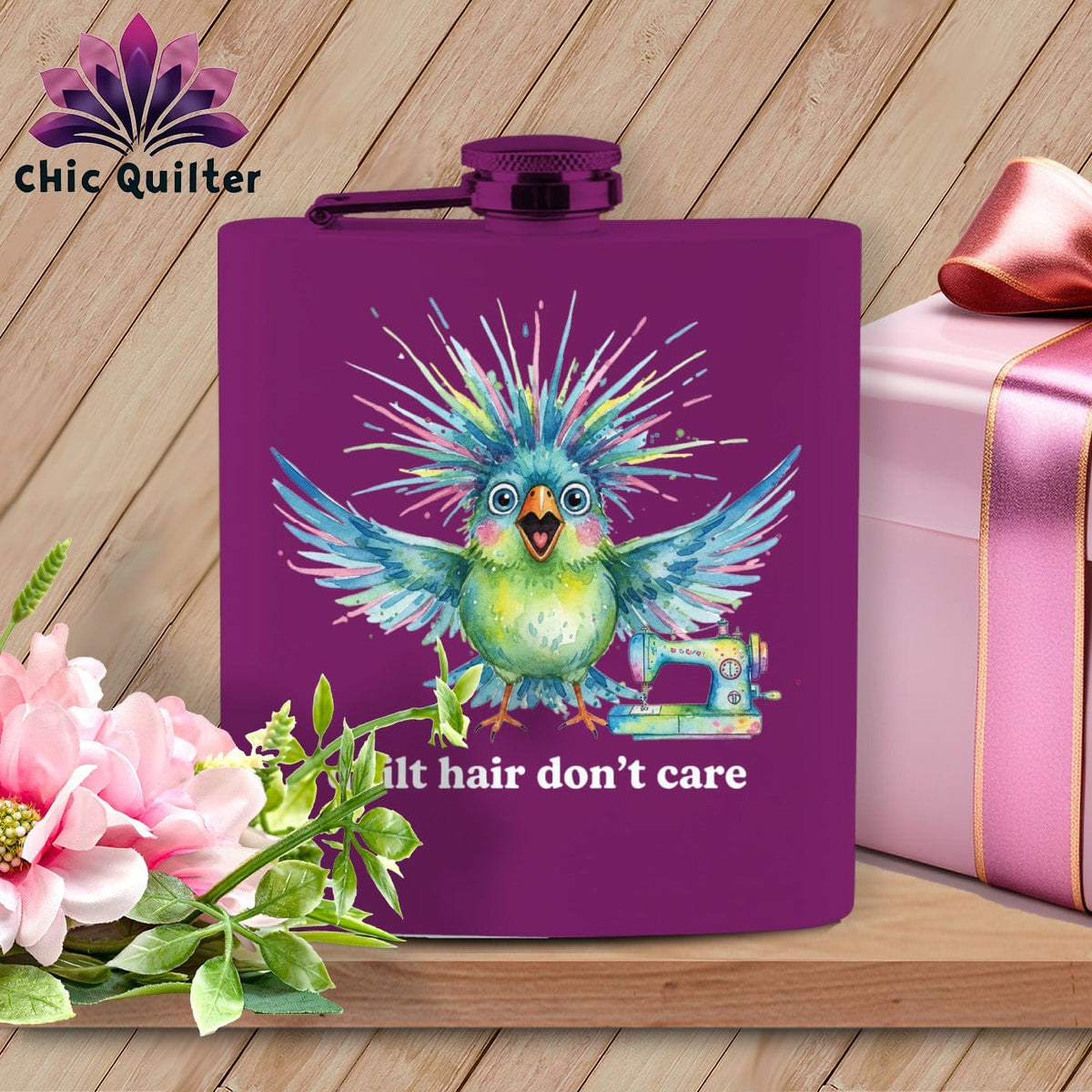 MyDesigns Physical Item 6oz / Purple Quilt Hair Don’t Care ~ Ziggy Bobbin ~ Quilter's Flask