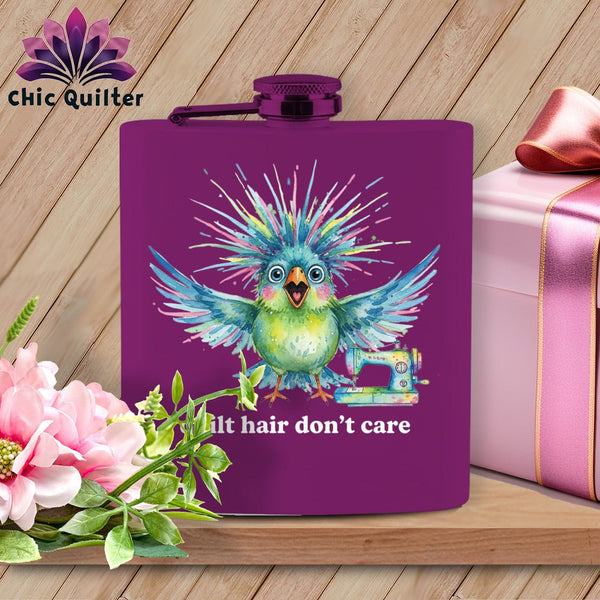 MyDesigns Physical Item 6oz / Purple Quilt Hair Don’t Care ~ Ziggy Bobbin ~ Quilter's Flask