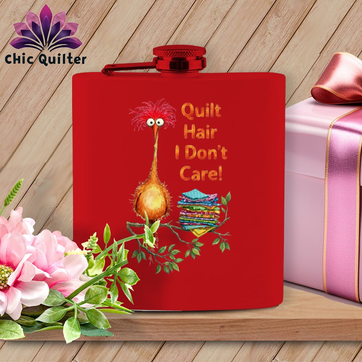 MyDesigns Physical Item 6oz / Red QQuilt Hair Don’t Care ~ Noodle Beakman ~ Quilter's Flask