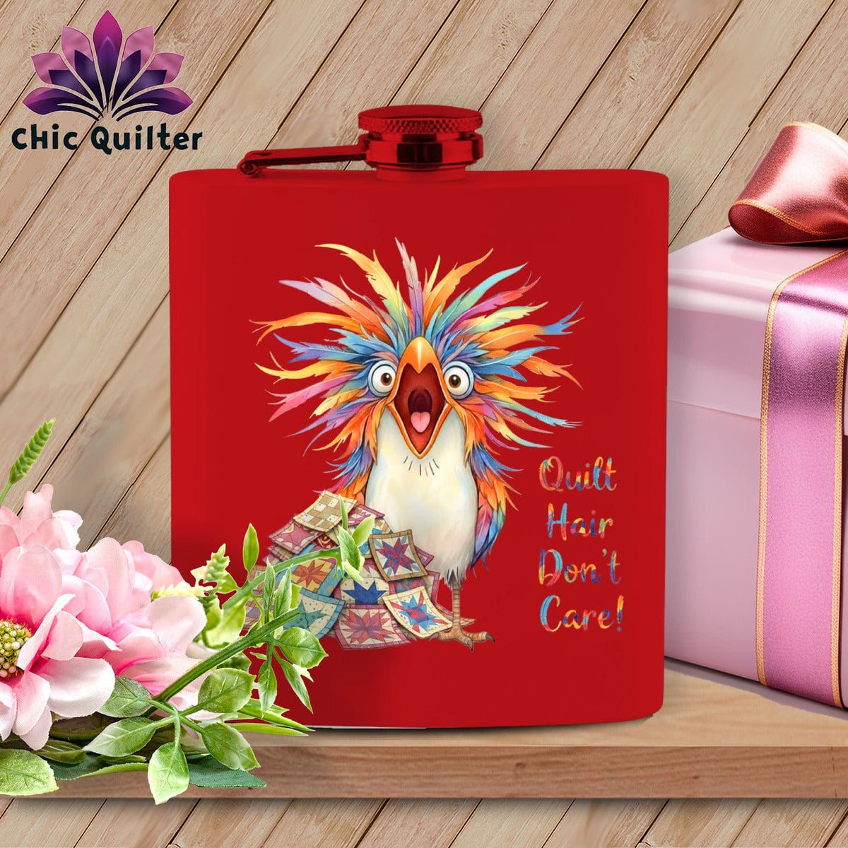 MyDesigns Physical Item 6oz / Red Quilt Hair Don’t Care ~ Chaos Finch ~ Quilter's Flask