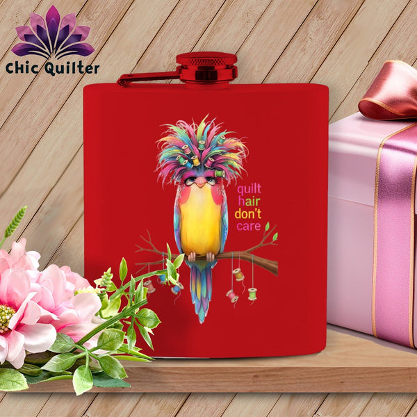 MyDesigns Physical Item 6oz / Red Quilt Hair Don’t Care ~ Curlene Spoolworth ~ Quilter's Flask