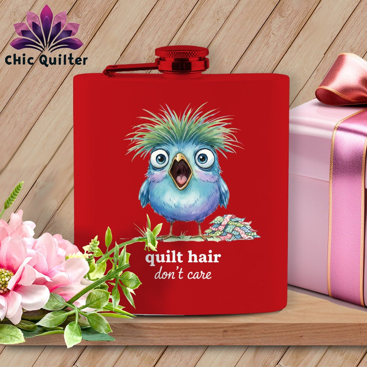 MyDesigns Physical Item 6oz / Red Quilt Hair Don’t Care ~ Frizzle Mae ~ Quilter's Flask