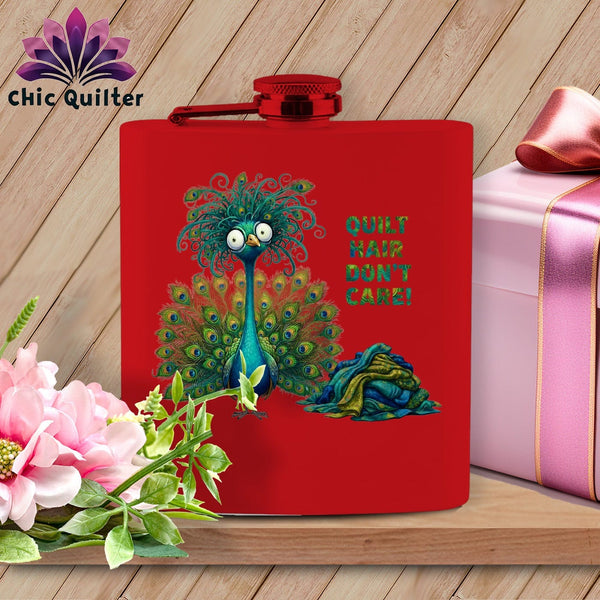 MyDesigns Physical Item 6oz / Red Quilt Hair Don’t Care ~ Lady Plumeadora ~ Quilter's Flask