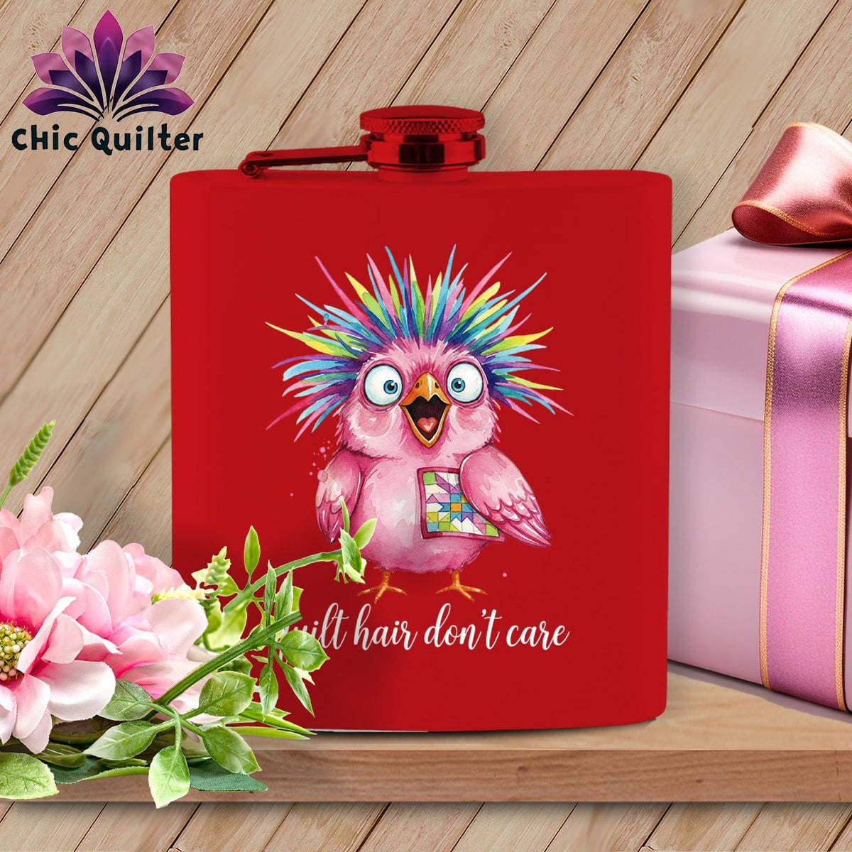 MyDesigns Physical Item 6oz / Red Quilt Hair Don’t Care ~ Peaches Plume ~ Quilter's Flask