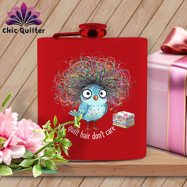MyDesigns Physical Item 6oz / Red Quilt Hair Don’t Care ~ Puffin Bea ~ Quilter's Flask