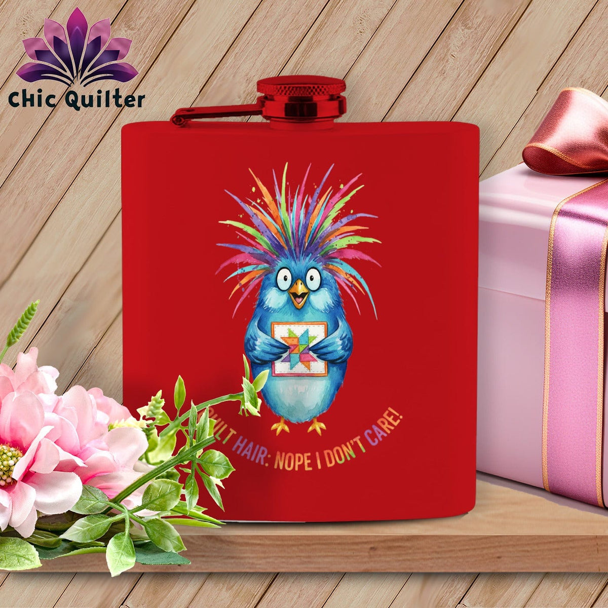 MyDesigns Physical Item 6oz / Red Quilt Hair Don’t Care ~ Ruckus Jay ~ Quilter's Flask