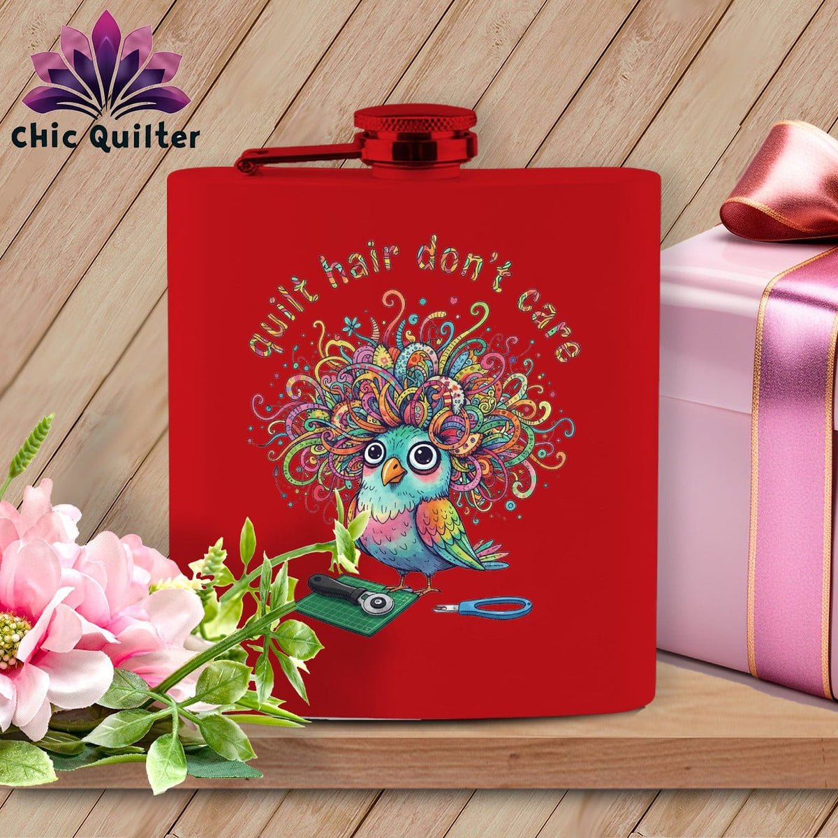 MyDesigns Physical Item 6oz / Red Quilt Hair Don’t Care ~ Snipsy Wren ~ Quilter's Flask