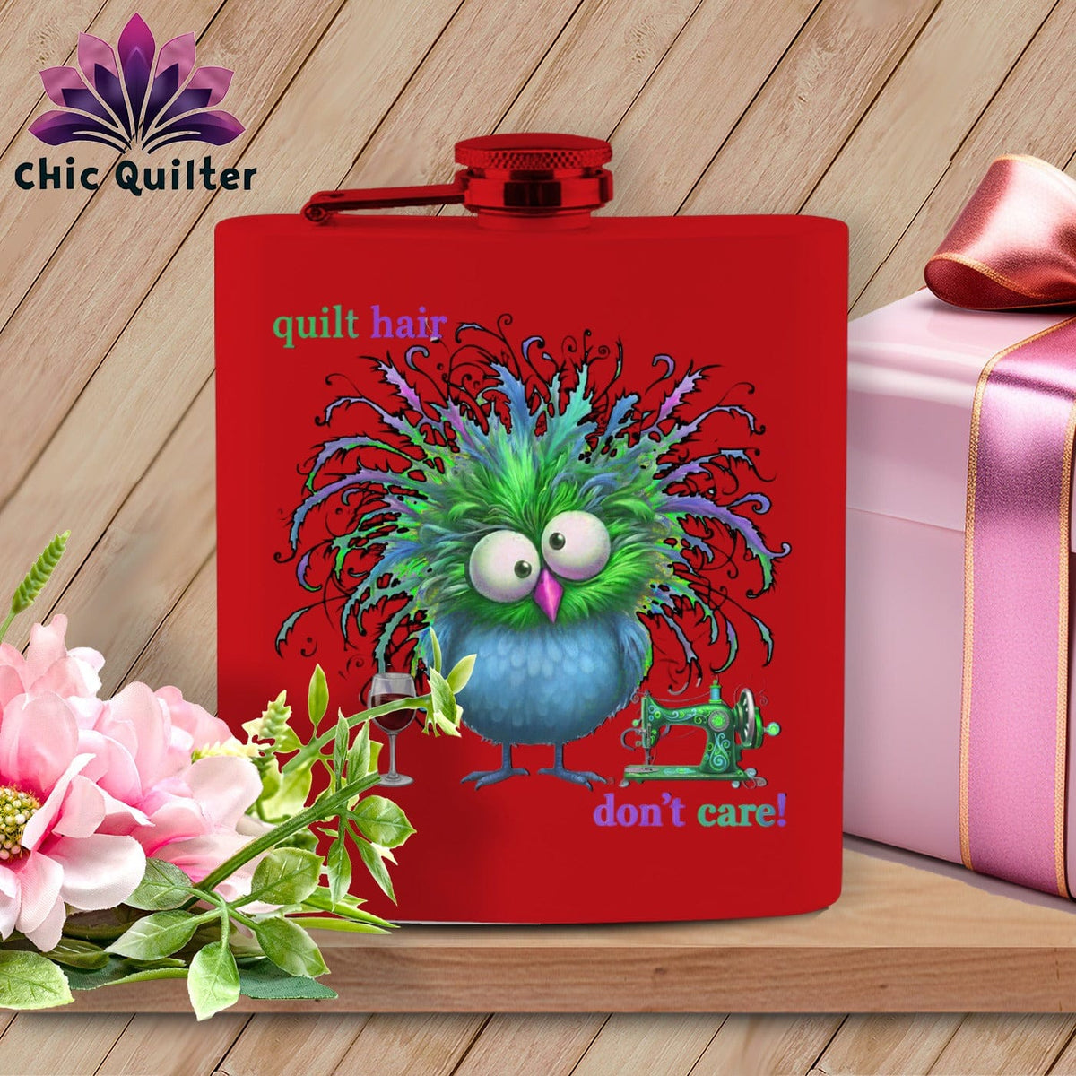 MyDesigns Physical Item 6oz / Red Quilt Hair Don’t Care ~ Velma Nightwing ~ Quilter's Flask