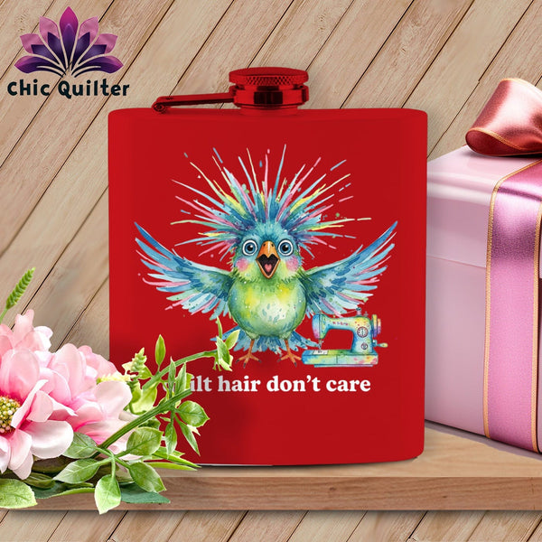 MyDesigns Physical Item 6oz / Red Quilt Hair Don’t Care ~ Ziggy Bobbin ~ Quilter's Flask