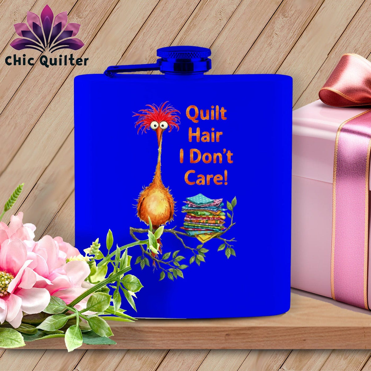 MyDesigns Physical Item 6oz / Royal QQuilt Hair Don’t Care ~ Noodle Beakman ~ Quilter's Flask