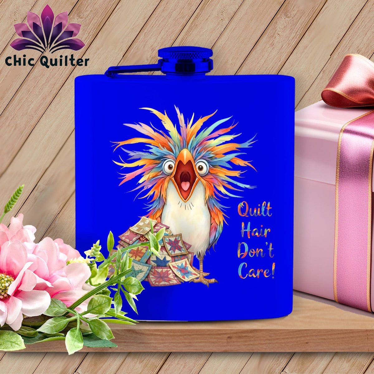 MyDesigns Physical Item 6oz / Royal Quilt Hair Don’t Care ~ Chaos Finch ~ Quilter's Flask