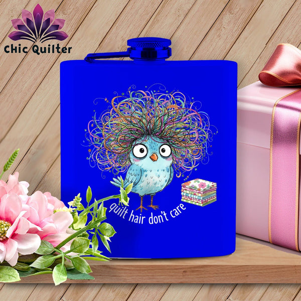 MyDesigns Physical Item 6oz / Royal Quilt Hair Don’t Care ~ Puffin Bea ~ Quilter's Flask