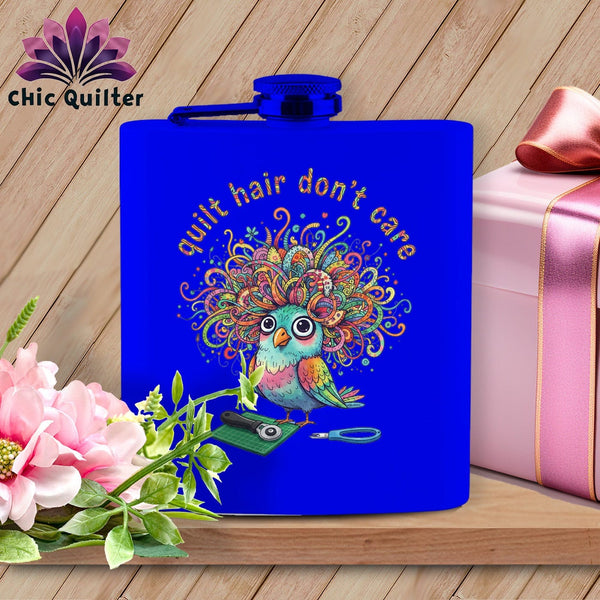 MyDesigns Physical Item 6oz / Royal Quilt Hair Don’t Care ~ Snipsy Wren ~ Quilter's Flask