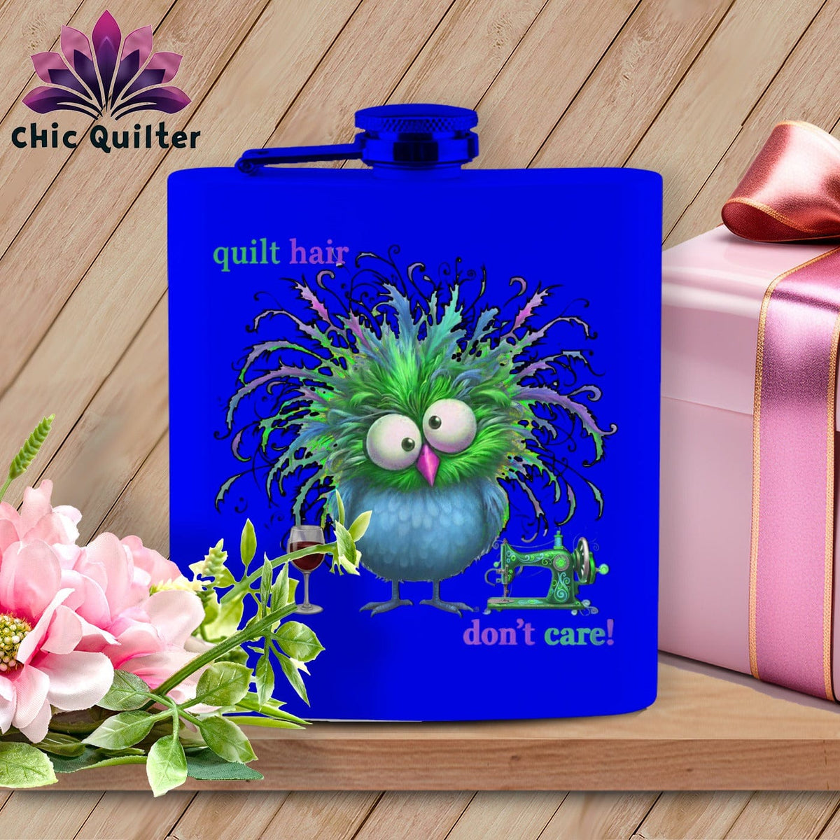 MyDesigns Physical Item 6oz / Royal Quilt Hair Don’t Care ~ Velma Nightwing ~ Quilter's Flask