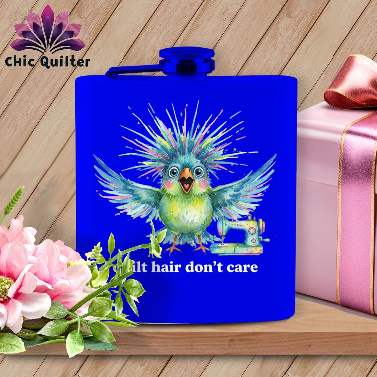 MyDesigns Physical Item 6oz / Royal Quilt Hair Don’t Care ~ Ziggy Bobbin ~ Quilter's Flask