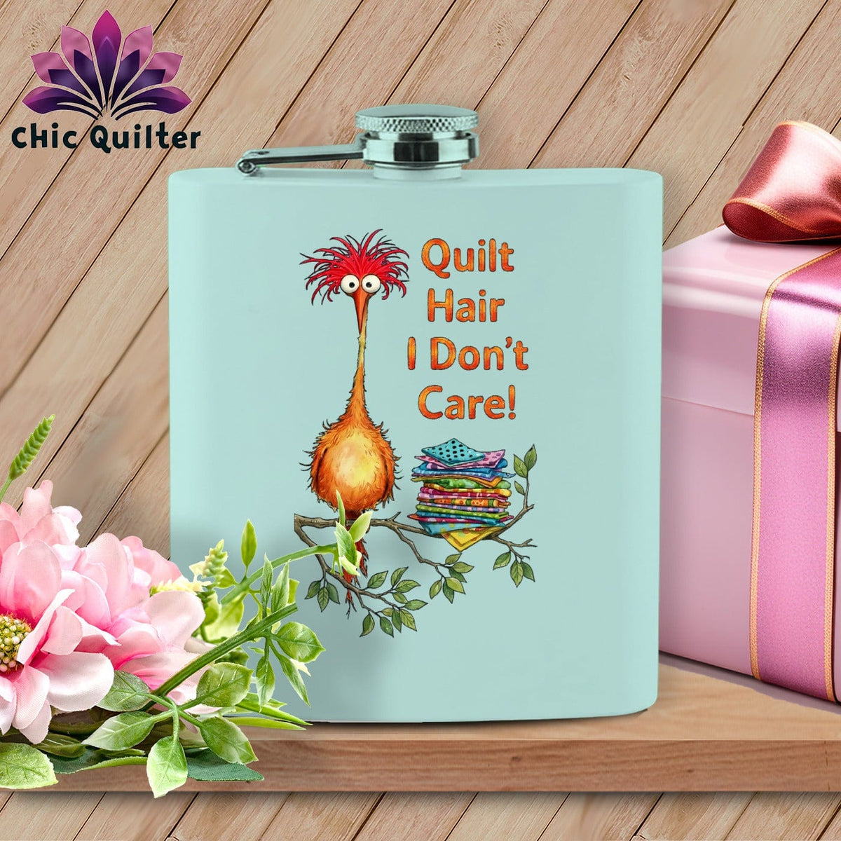 MyDesigns Physical Item 6oz / Teal QQuilt Hair Don’t Care ~ Noodle Beakman ~ Quilter's Flask