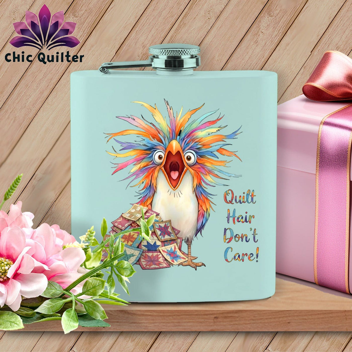 MyDesigns Physical Item 6oz / Teal Quilt Hair Don’t Care ~ Chaos Finch ~ Quilter's Flask